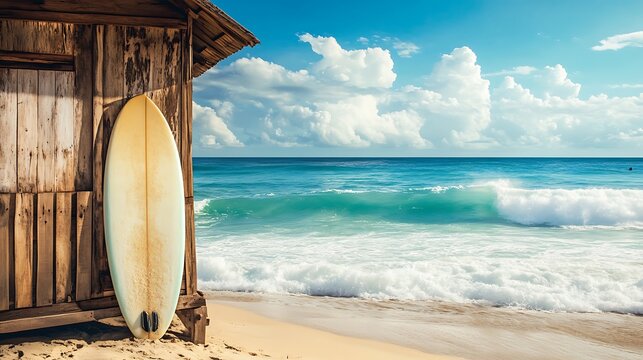 A surfboard resting against a beach shack with ocean waves - Powered by Adobe