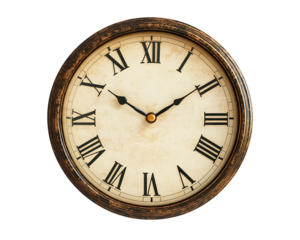 Vintage Clock With Roman Numerals and Dark Wooden Frame on Transparent Background, PNG
