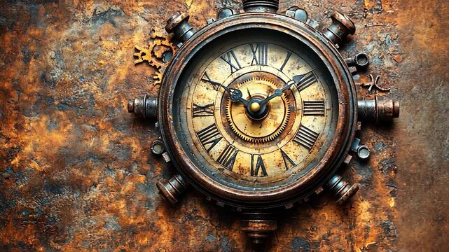 Vintage steampunk clock on a textured rust background with gears
