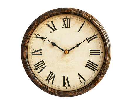 Vintage Clock With Roman Numerals and Dark Wooden Frame on Transparent Background, PNG