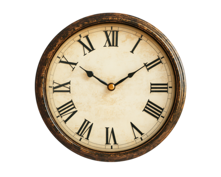 Vintage Clock With Roman Numerals and Dark Wooden Frame on Transparent Background, PNG