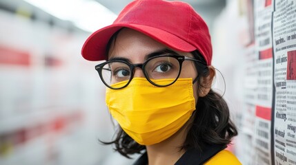 A young person wearing a red cap and yellow mask stands in front of a wall, conveying a sense of caution and alertness.