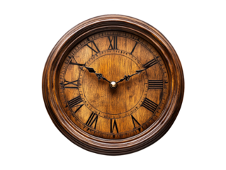 Close Up of Vintage Wooden Clock With Roman Numerals on Transparent Background, PNG