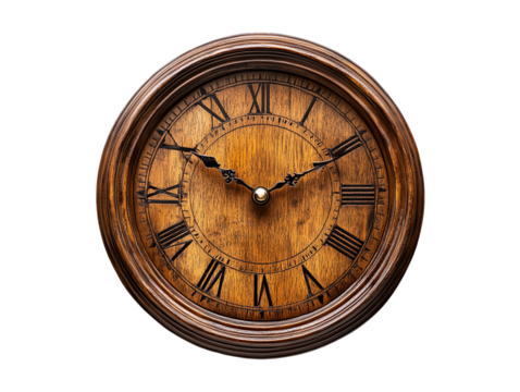 Close Up of Vintage Wooden Clock With Roman Numerals on Transparent Background, PNG