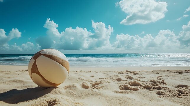 A volleyball on a sandy beach with waves in the distance - Powered by Adobe