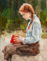  A young girl is reading an interesting red-bound book. Oil painting on canvas.