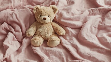 Plush Teddy Bear Resting on a Soft Pink Blanket