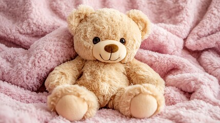 Plush teddy bear placed on a soft pink blanket