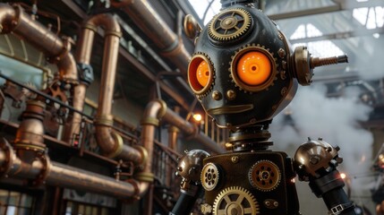Fototapeta premium Steampunk toon-bot with brass gears and glowing orange eyes stands in a Victorian-era factory amidst steam pipes.