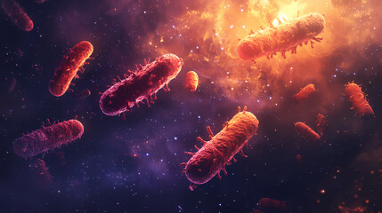 Obraz premium Glowing red bacteria cells floating in a cosmic galaxy. Celestial Spores. Illustration