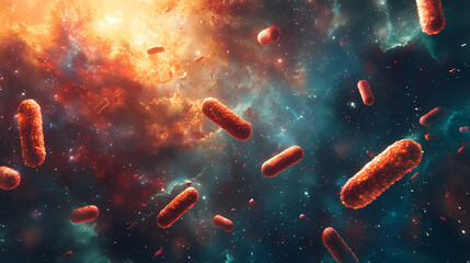 Glowing red bacteria cells floating in a cosmic galaxy. Celestial Spores. Illustration