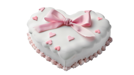 Heart shaped cake decorated with pink ribbon and hearts on transparent background