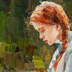  A young girl is reading an interesting red-bound book. Oil painting on canvas.