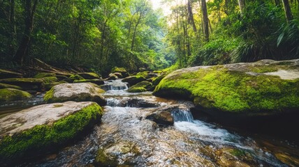 Obraz premium Tranquil Stream in Lush Green Forest Sunlight Filters Through Canopy