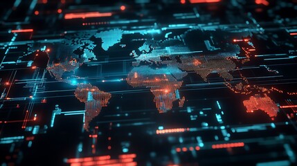 A digital abstract map rendered in a futuristic data display
