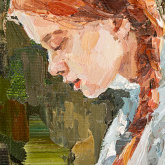  A young girl is reading an interesting red-bound book. Oil painting on canvas.