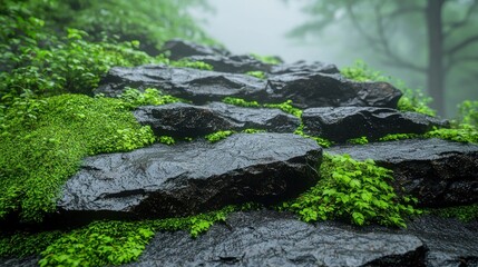 Wet rocks and moss in a misty forest