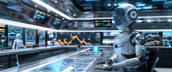 AI robots monitor live data on a futuristic stock market floor, with glowing data streams, and sleek metallic interiors.