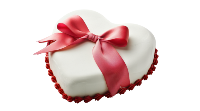 Heart shaped cake decorated with pink ribbon on transparent background