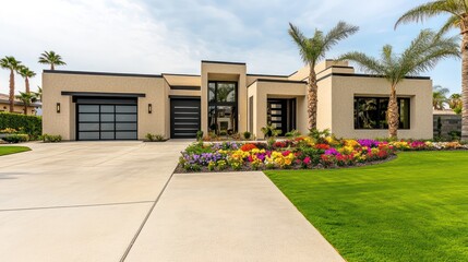 Fototapeta premium A beautiful modern house with beige stucco walls and black accents, set on a spacious front lawn