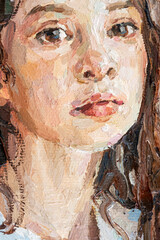 Portrait of a young, dreamy girl with curly brown hair. Palette knife technique of oil painting and brush.