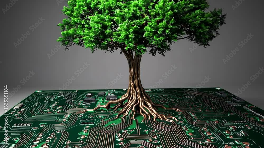 Aufkleber tree growing from a circuit board symbolizing nature and technology fusion