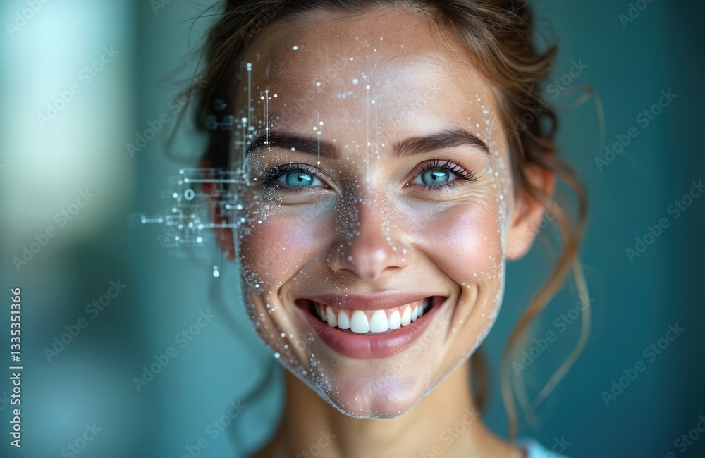 Poster close-up of smiling woman with facial recognition tech. biometric data, face scanning, digital id co