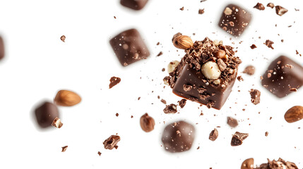 A chocolate bar with nuts and crumbs flying around it