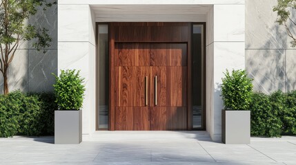 A bold and modern front door made of rich wood, set against a pristine white stone facade