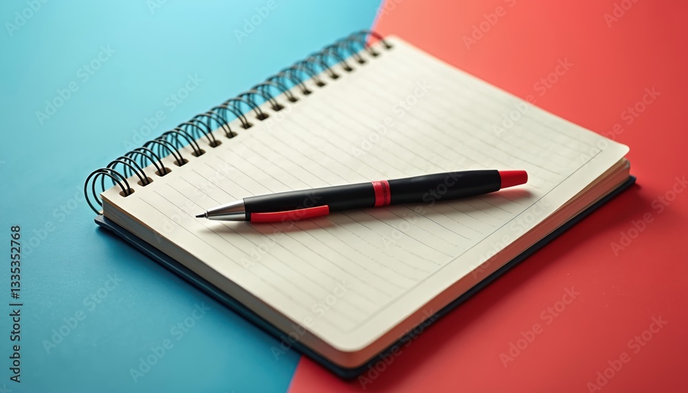 Poster Open notebook with ballpoint pen on vibrant dual color surface. Blank lined pages. Black pen with red details diagonally placed on blue, red background. Copy space for notes.