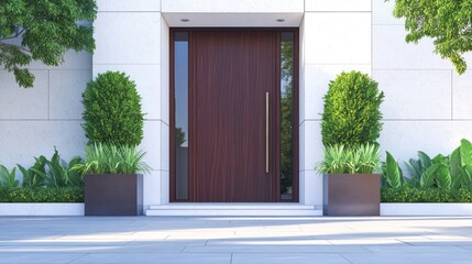 A bold and modern front door made of rich wood, set against a pristine white stone facade