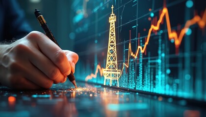 Oil business concept. Pen points to rising oil prices chart on digital screen with stylized derrick. Concept of extraction, transportation, sale oil resources, global commerce.