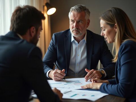 Asesor financiero que asesora a sus clientes sobre mitigaci&oacute;n de riesgos, an&aacute;lisis de crisis econ&oacute;micas, prevenci&oacute;n de crisis burs&aacute;tiles, oficina corporativa y tono serio