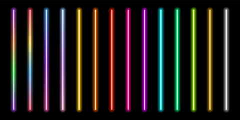 A set of luminous neon lines of rainbow colors. Luminous neon retro lamp tube for the design of the party, web site. Vector Gumming laser rays on a black background