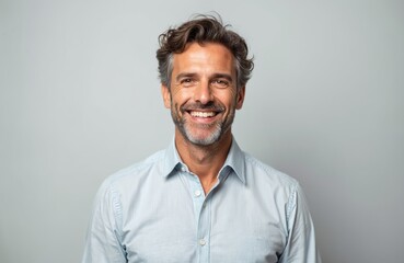 Handsome middle aged man portrait. Cheerful guy smiles at camera against gray background. Confident male with beard and grey hair wears casual shirt. Positive emotion, friendly face expression.