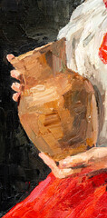 girl holding a clay jug. portrait of a woman on a black background. oil painting on canvas.