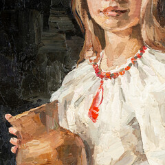 girl holding a clay jug. portrait of a woman on a black background. oil painting on canvas.