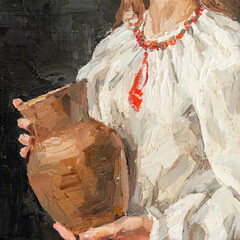 girl holding a clay jug. portrait of a woman on a black background. oil painting on canvas.