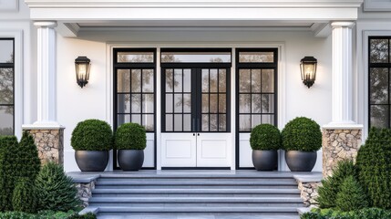 A clean and modern house with a white front door framed by black double doors with glass windows