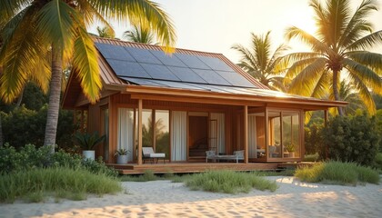 Fototapeta premium Beachfront house equipped solar panels, sustainable living in tropical coastal area. Palm trees surround modern eco-friendly home with blue photovoltaic panels on roof, sand, green plants nearby.