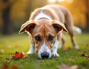Dog sniffs ground on green grass. Ginger color cute puppy searches something, using sense of smell to track scent. Animal walks, explores instincts with his nose down, curious pet.