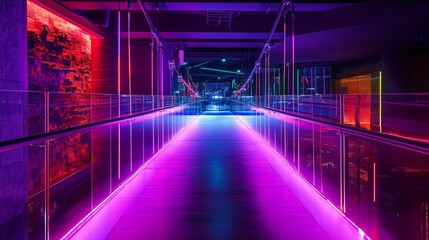 A lone figure walks across a futuristic, neon-lit glass bridge suspended high above a glowing cyberpunk city, embodying the essence of a high-tech metropolis and digital innovation