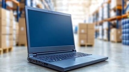 Laptop in warehouse.