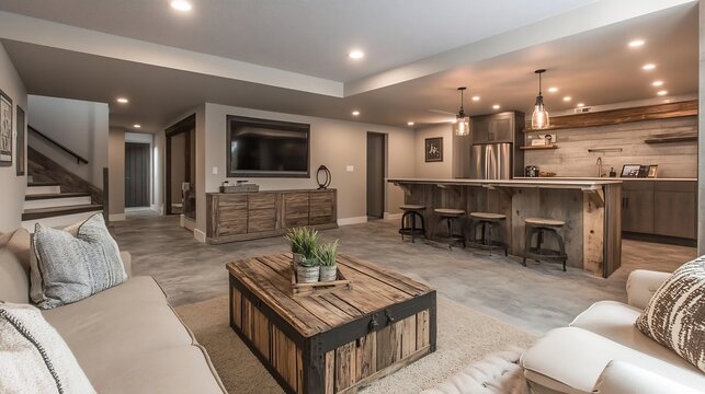 Industrialstyle basement with bold accent lighting reclaimed wood furnishings and an earthy palette for a chic yet functional design