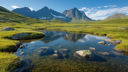 Obraz premium Serene Mountain Lake Reflection in Summer Landscape