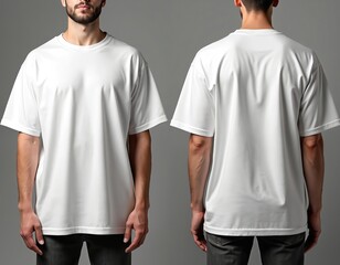 Front, back view of oversized white T-shirt on model. Basic casual unisex clothing for apparel branding layout. Plain cotton garment design template with loose fit. Wearable urban style for