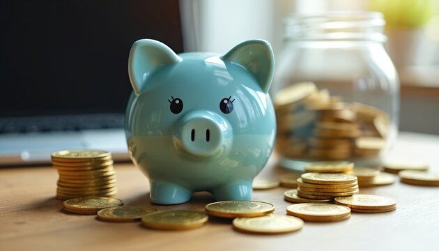 Blue piggy bank among gold coins on table, jar full of coins, and laptop behind. Conceptual image about savings, investment, online banking, financial planning, wealth, budget. - Powered by Adobe