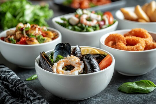 Seafood appetizers Closeup of various bowls featuring dishes like crab salad fish nuggets fried squid and mussels