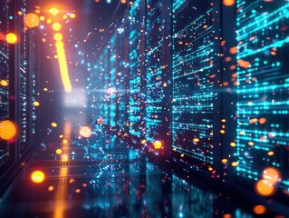 Fototapeta premium Glowing particles flow into a massive, bright data storage device within a dark, digital space abstract data backup visualization.