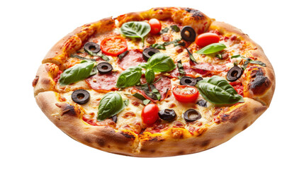 Delicious pizza with salami, cherry tomatoes, basil, and black olives on transparent background